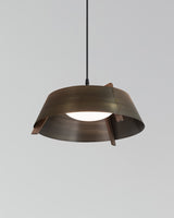 Casia 14" LED Pendant, Distressed Brass, Dark Stained Walnut, 2700k