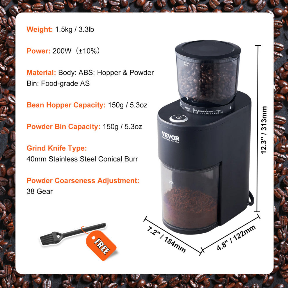 VEVOR Coffee Grinder 20 Cups Electric Burr Mill 40MM Conical Burrs for Espresso