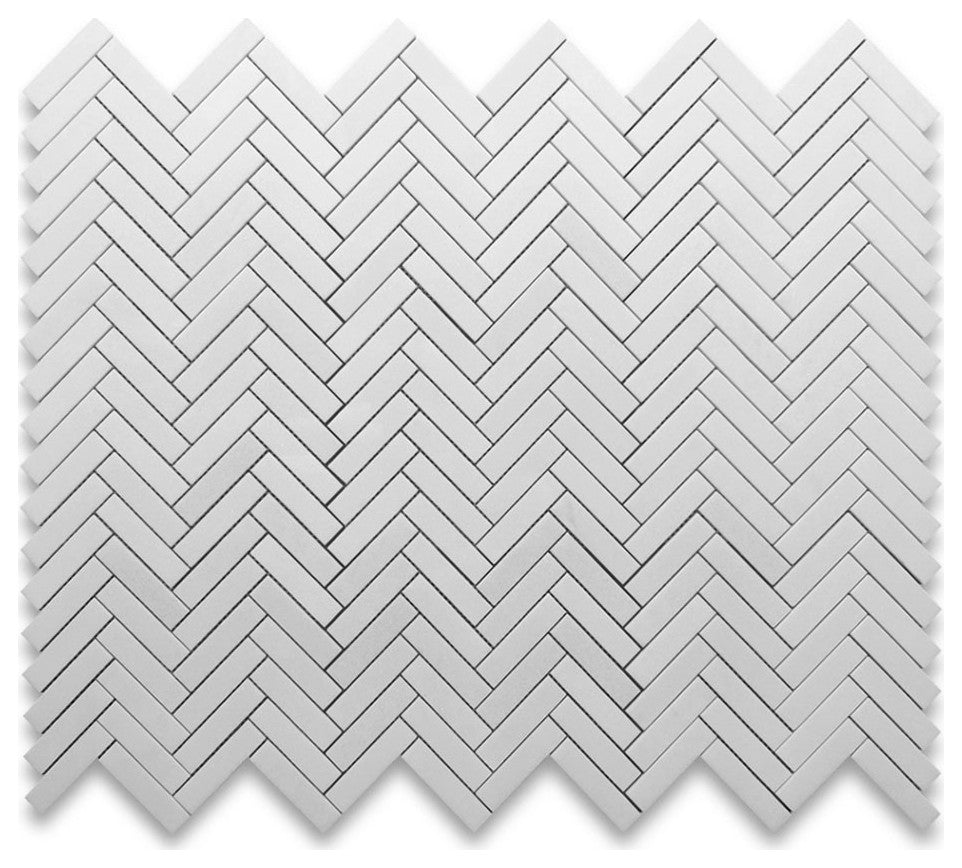 Thassos White Marble 1x4 Herringbone Mosaic Wall Floor Tile Polished, 1 sheet
