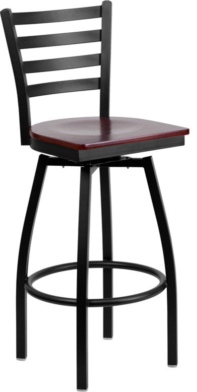 HERCULES Series Black Ladder Back Swivel Metal Barstool, Mahogany Wood Seat
