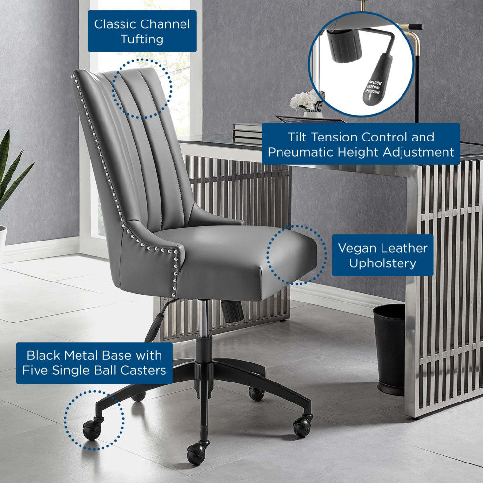 Computer Work Desk Tufted Chair, Faux Vegan Leather, Black Gray, Home Office