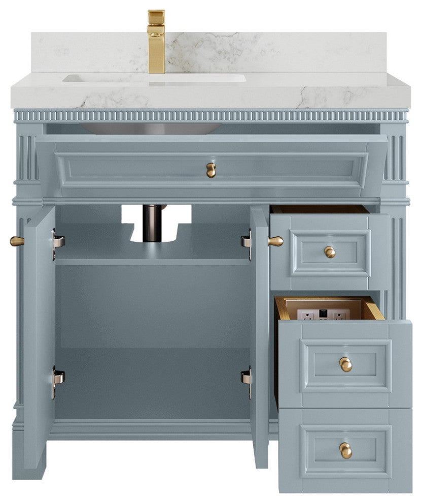 Paris 36" Left Offset Bathroom Vanity, Blue Heather 2" Calacatta Nuvo