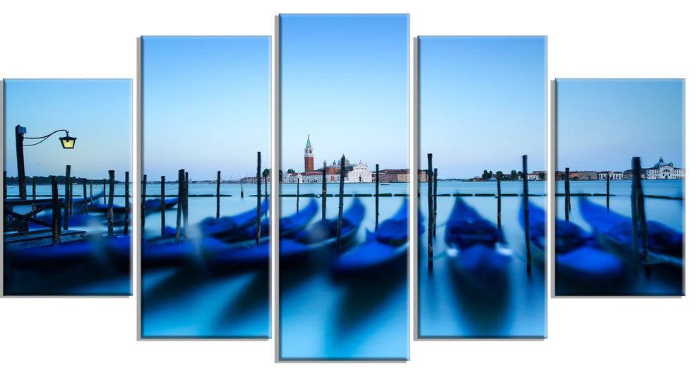 "Venice Gondolas At Blue Sunset" Seashore Wall Art, 5 Panels, 60"x32"