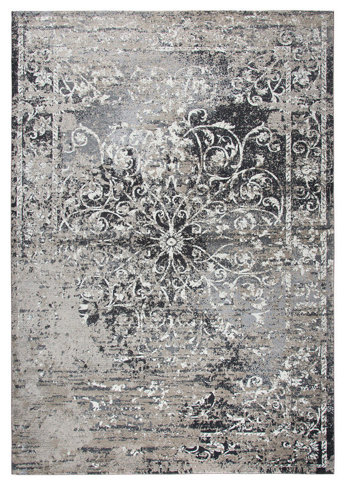 Panache Taupe Central Medallion Scroll Distress Rug, Rectangular 9'10"x12'6"