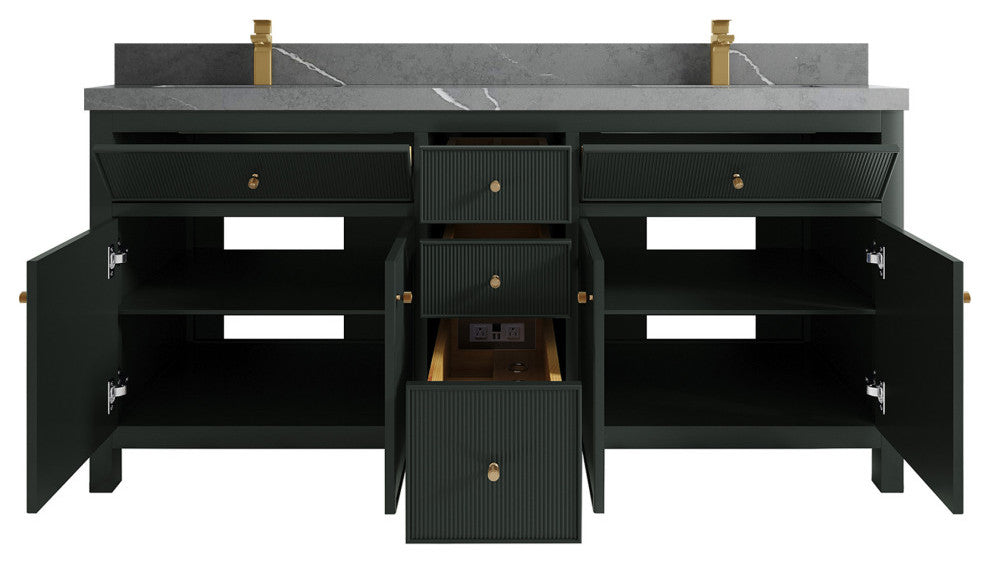 Sonoma 72 Double Sink Reeded Bath Vanity in Dark Forest Green 2" Piatra Gray