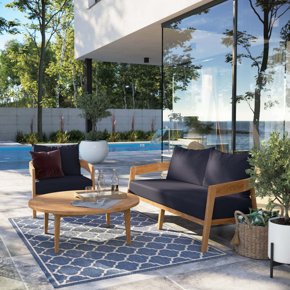 Sectional Sofa Chair Table Set, Blue Navy Natural, Teak Wood, Outdoor Patio