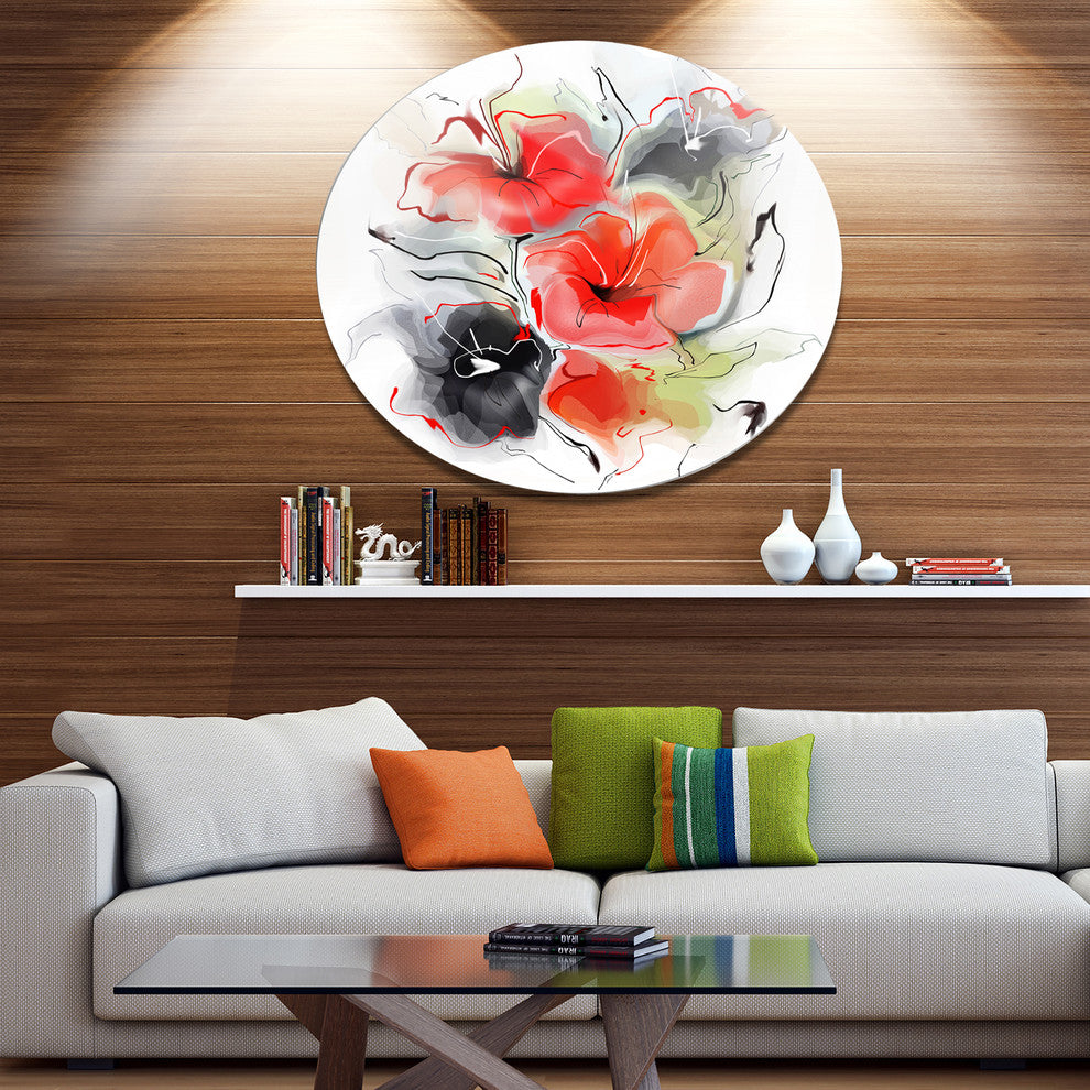 Red Black Abstract Floral Design, Floral Round Wall Art, 23"