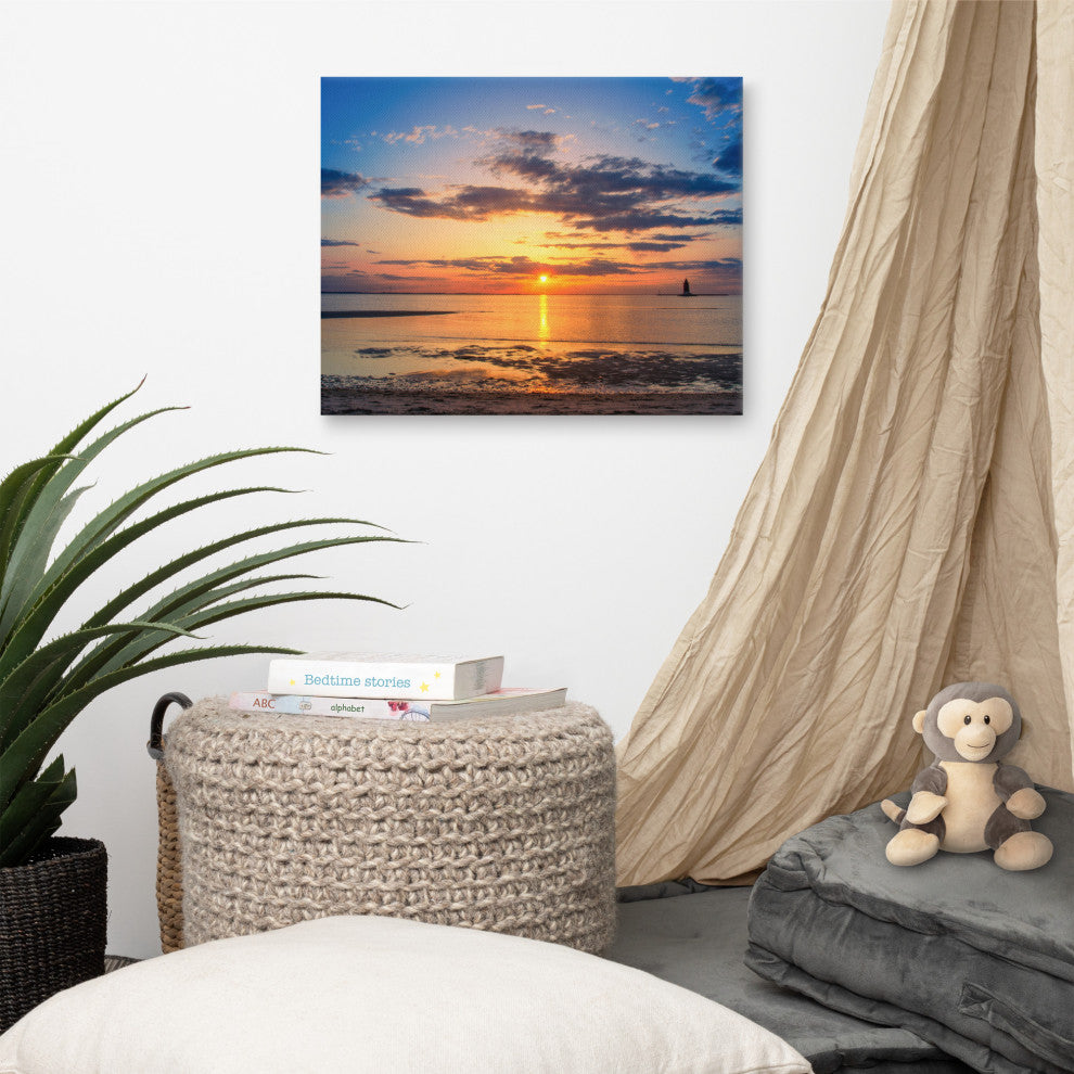 Sunset at Breakwater Lighthouse Coastal Landscape Photo Canvas Print, 16" X 20"