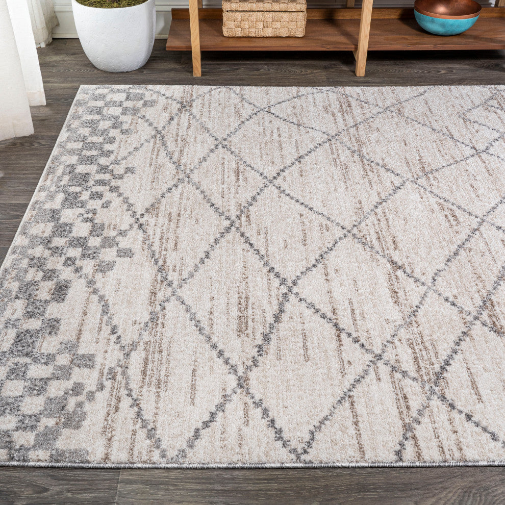 Asilah Moroccan Modern Diamond Runner Rug, Light Gray, 8 X 10