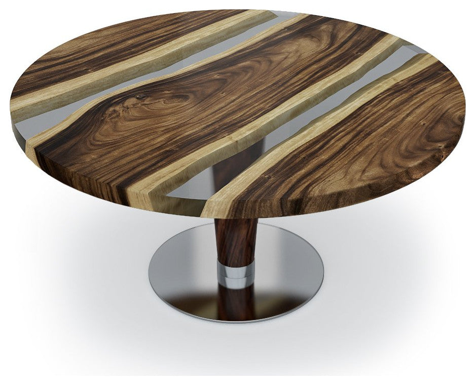 Opaque Black Epoxy Resin & Walnut Wood Round Coffee Table, 35.5" (90cm)_Clear