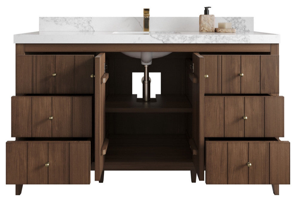 Atlanta Teak 60" Single Sink Bath Vanity, Dark Natural 2" Viola Night