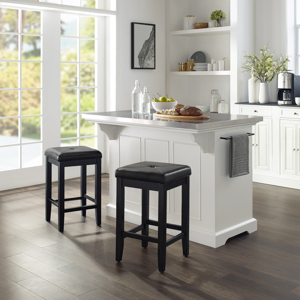 Julia Stainless Steel Top Island With Upholstered Square Counter Height Stools