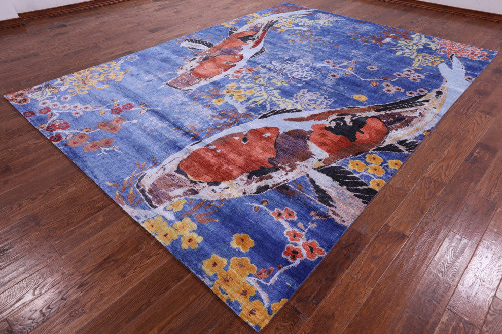 Fish Design Hand Knotted Silk Rug 8' 10" X 12' 0" Q11600