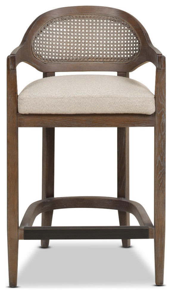 Americana Mid-Century Modern Rattan Cane Back Stool, Taupe Beige Textured Weave, 26" Counter Height