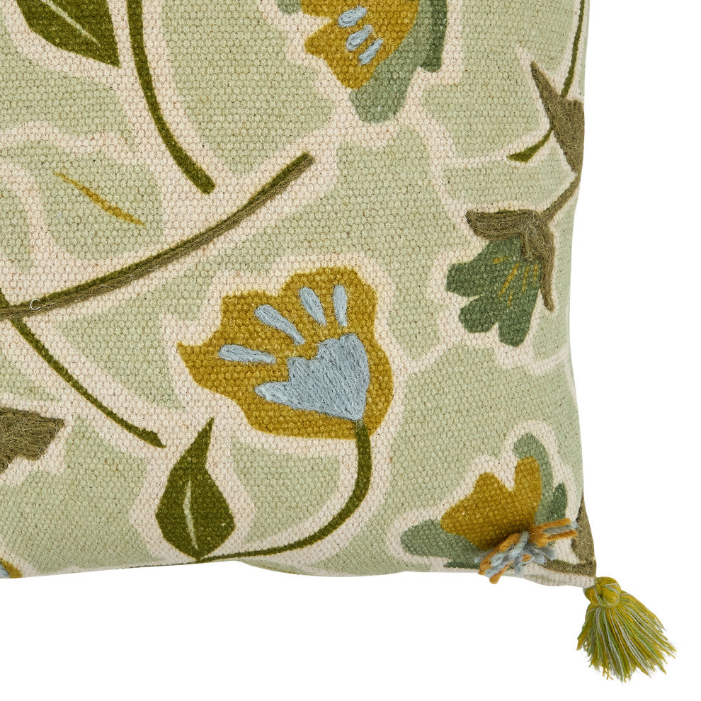 Poly Filled Throw Pillow With Embroidered Large Floral Design, 20"x20", Green