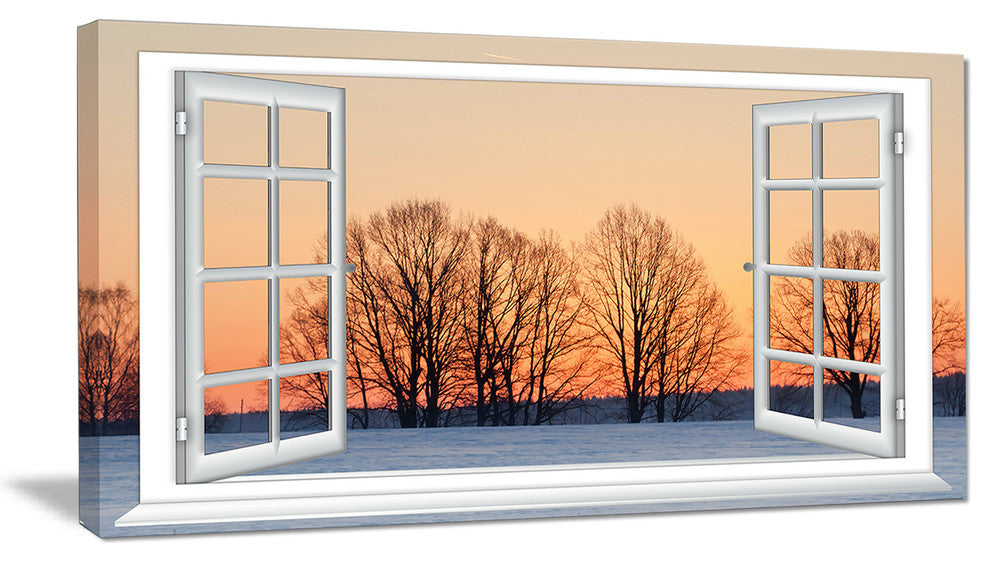 "Open Window To Snowy Sunset" Landscape Art Canvas Print, 40"x20"