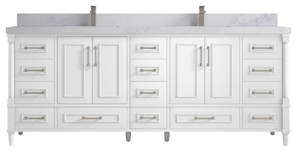 Aberdeen 84 Double Sink Bath Vanity in White 2" Calacatta Nuvo