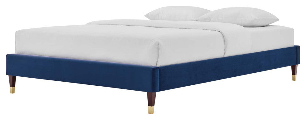 Platform Bed Frame, King Size, Velvet, Blue Navy, Modern Contemporary, Bedroom