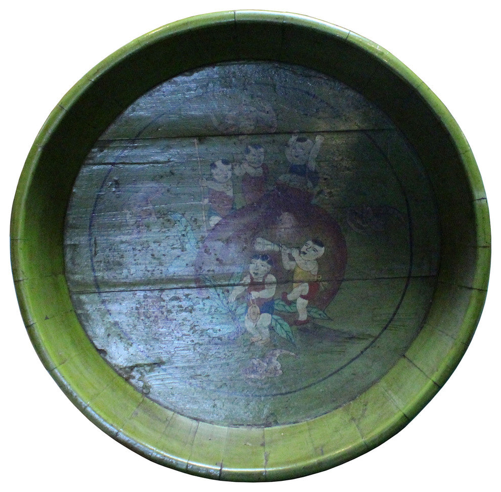 Chinese Vintage Distressed Green Graphic Round Shape Wood Bucket Hcs5092