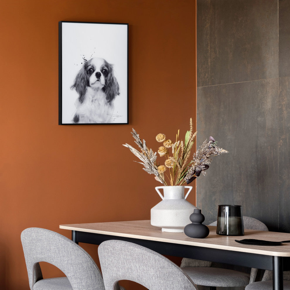 "King Charles Spaniel" Black and White Pet Art on Glass with Anodized Frame