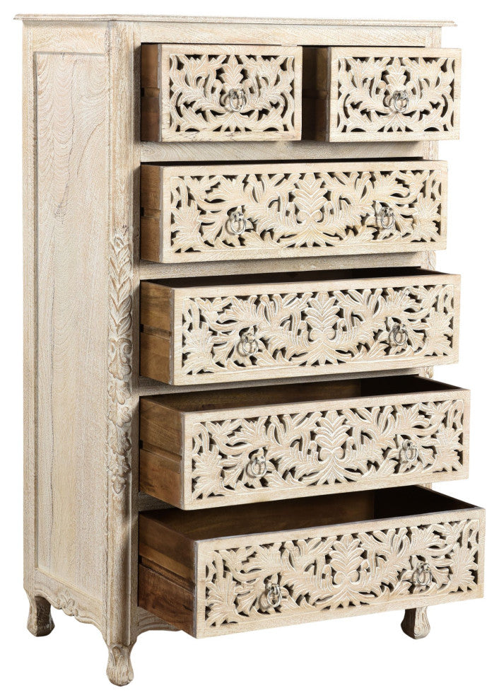 Delaney Carved Tall Chest, Distressed Off-White