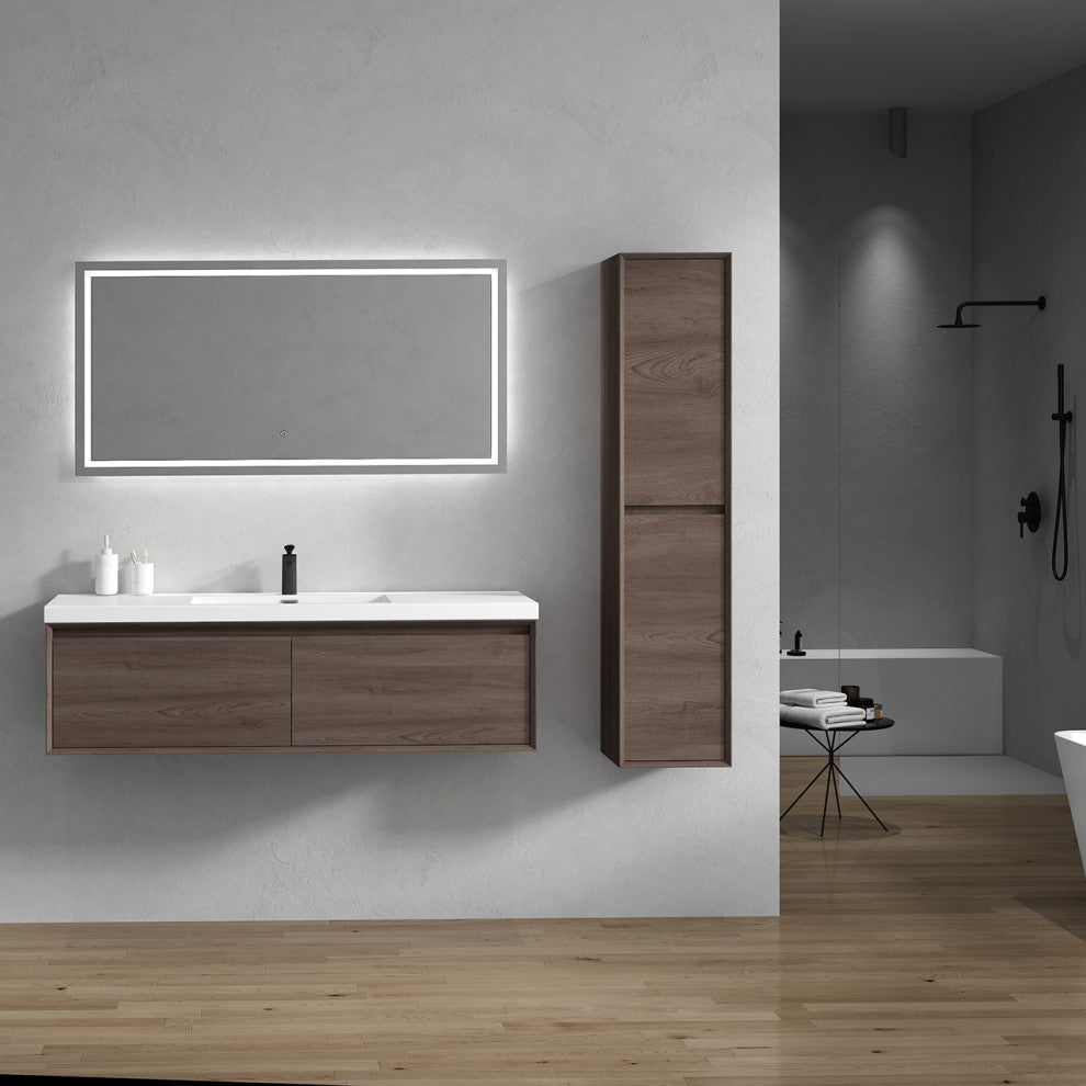 Aurora 60'' Single Sink Wall Mounted Modern Bathroom Vanity, Red Oak