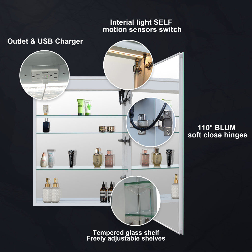 Recessed/Surface Mount LED Medicine Cabinet Mirror with Defogger, 20"x30" Right Hinge