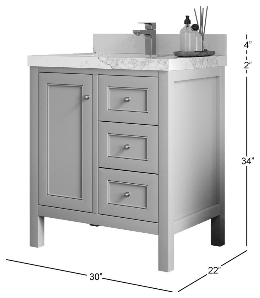Nashville 30" Single Sink Bath Vanity, White 2" Venatino Quartz