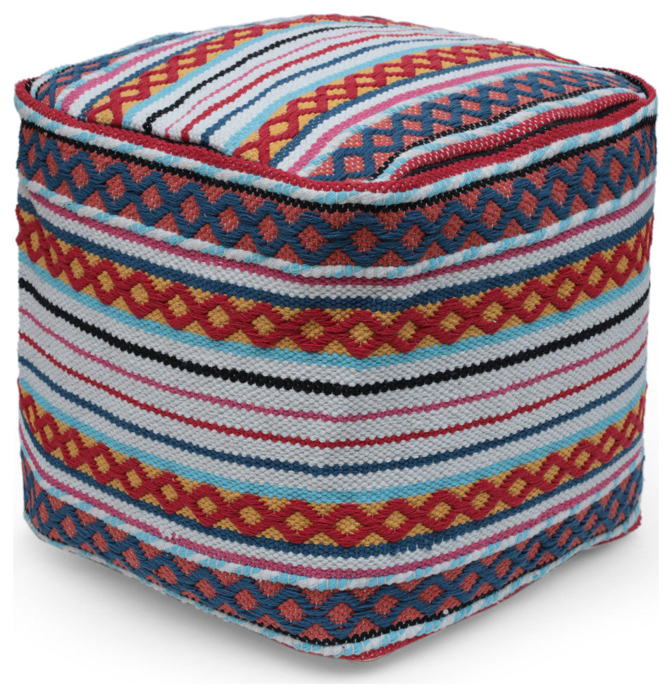 Hilliard Boho Handcrafted Peruvian Print Cube Pouf, White + Yellow + Red Multi Color