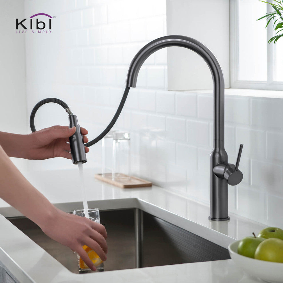 KIBI Hilo Single Handle Pull Down Kitchen Faucet, Titanium, W/ Soap Dispenser