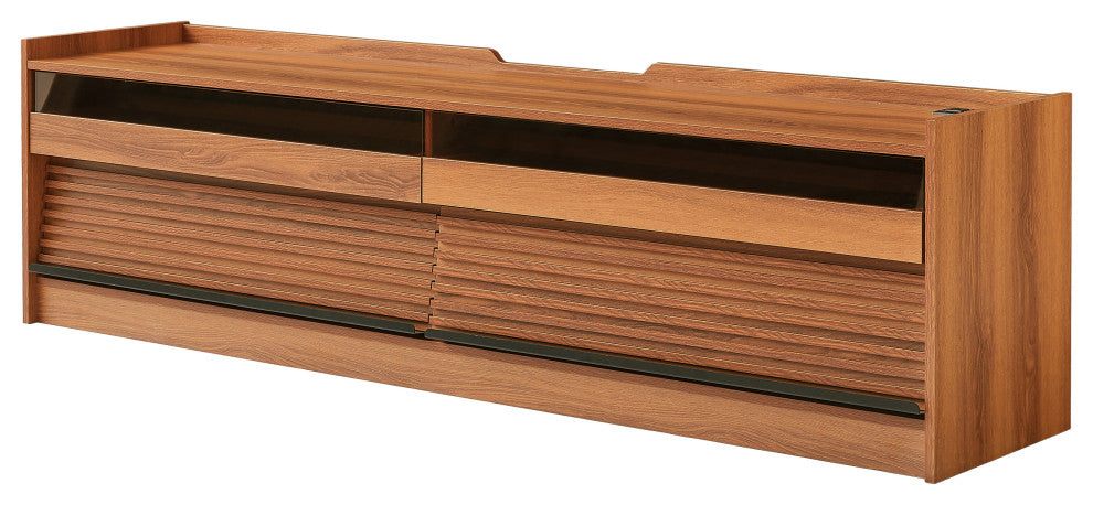GDF Studio 4-Drawer Storage TV Stand, LED Lighting & Charging Ports, Espresso