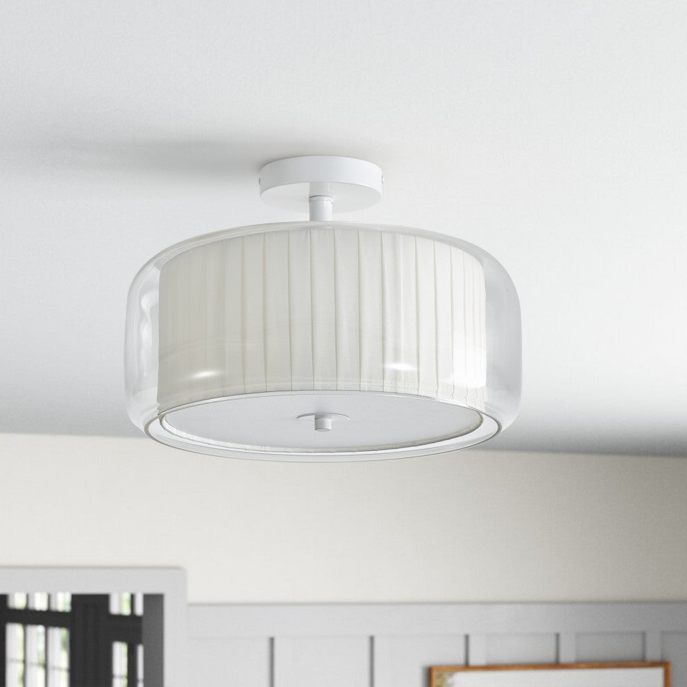 Modern 3-Light Semi Flush Mount Glass Ceiling Light with White Fabric Shade
