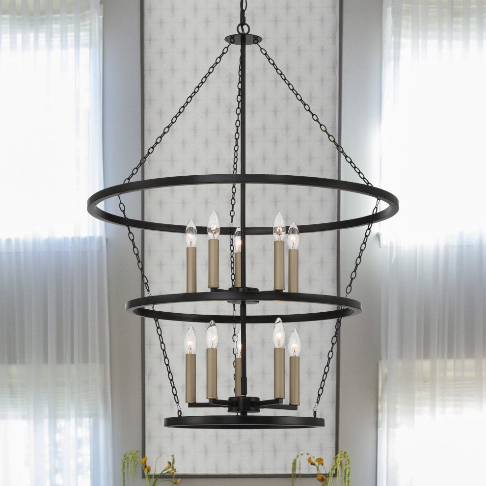 10-Light Candle Style Wagon Wheel Chandelier, Classic Black/Brass Dust