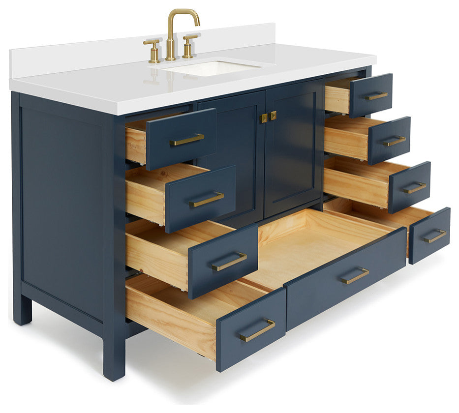ARIEL Cambridge 61" Single Rectangle Sink Blue Vanity Quartz Top, No Mirror
