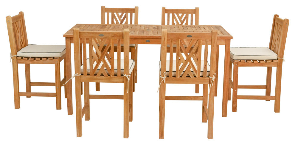 7 Piece Teak Chippendale 71" Rect Counter Set, 6 Armless Counter Stools