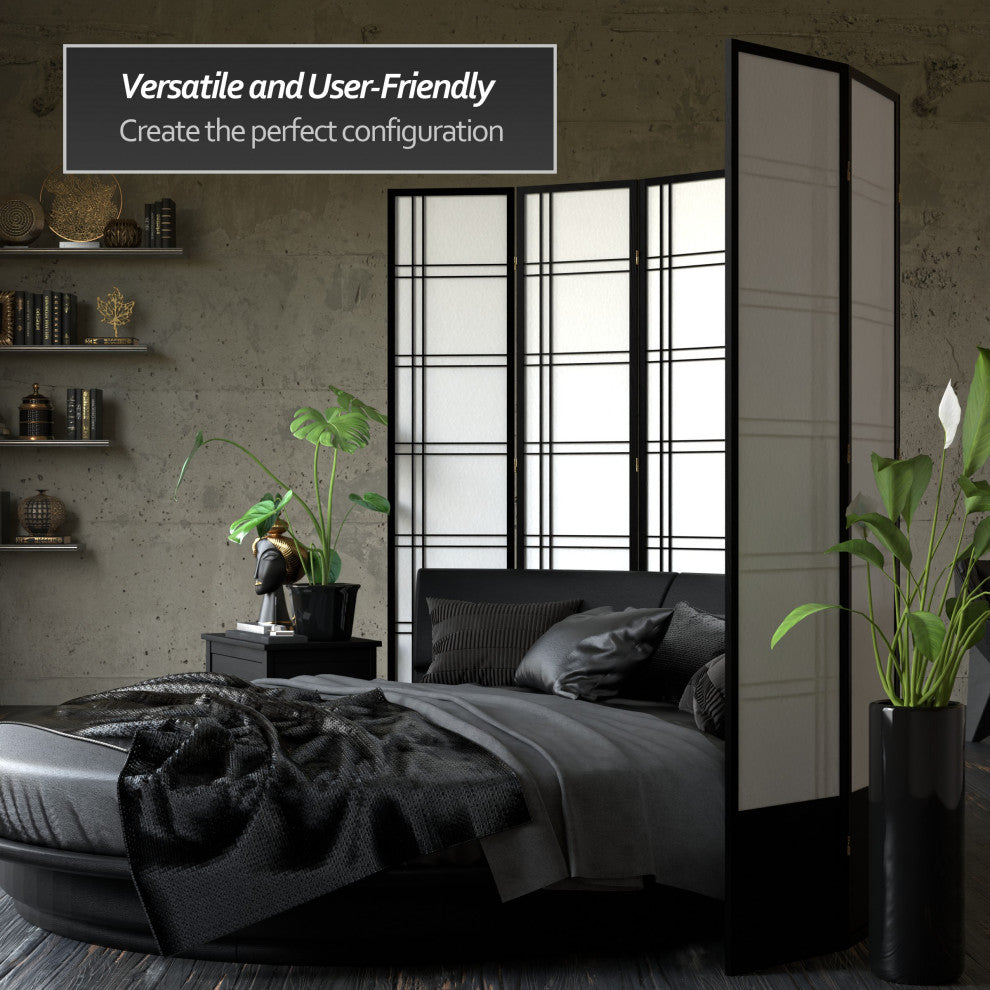 7' Tall Double Cross Shoji Screen, Black, 3 Panels