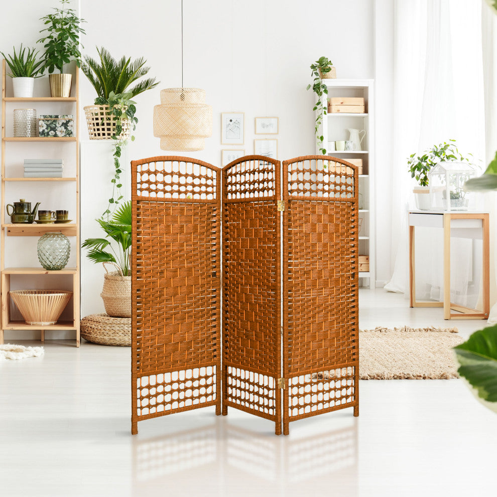 4' Tall Fiber Weave Room Divider, Dark Beige, 3 Panels