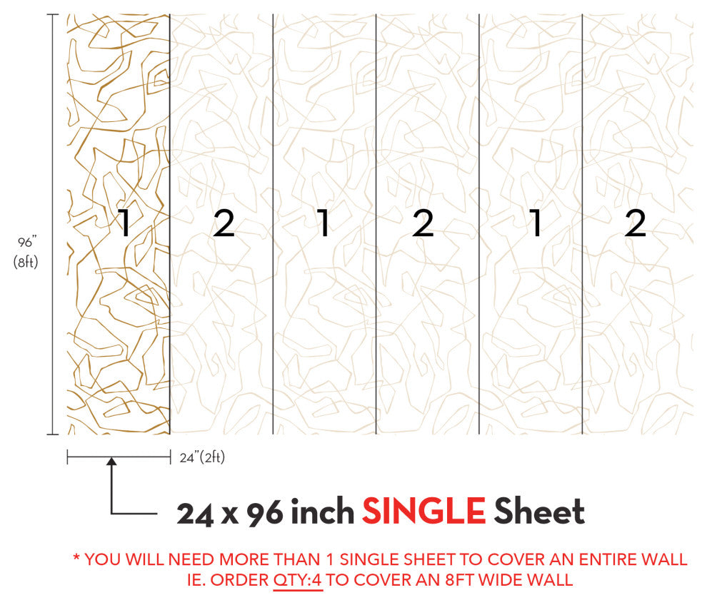 Entangled Lines Abstract Vinyl Peel and Stick Mural, Gold, 24"x96", Single