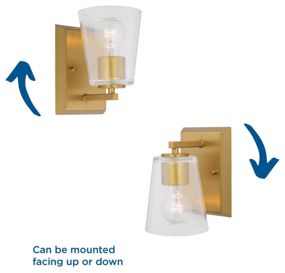 Vertex Collection One-Light Brushed  Gold Clear Glass Contemporary Bath Light