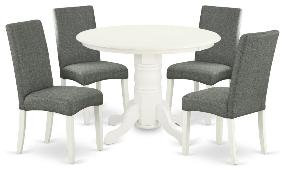 5Pc Rounded 42" Dining Table, Four Parson Chair, Linen White Finish Leg