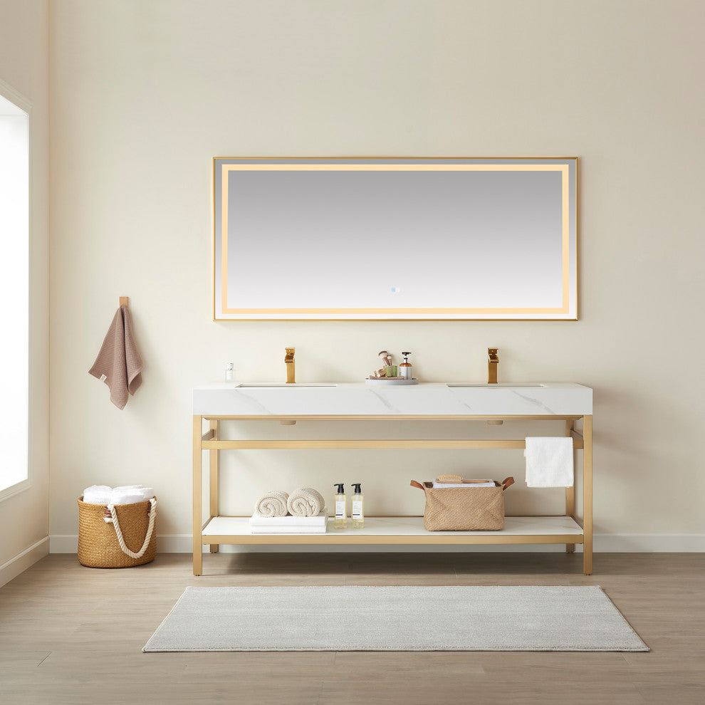 Funes Bath Vanity without Mirror, Brushed Gold Hardware, 72'', White Stone Top