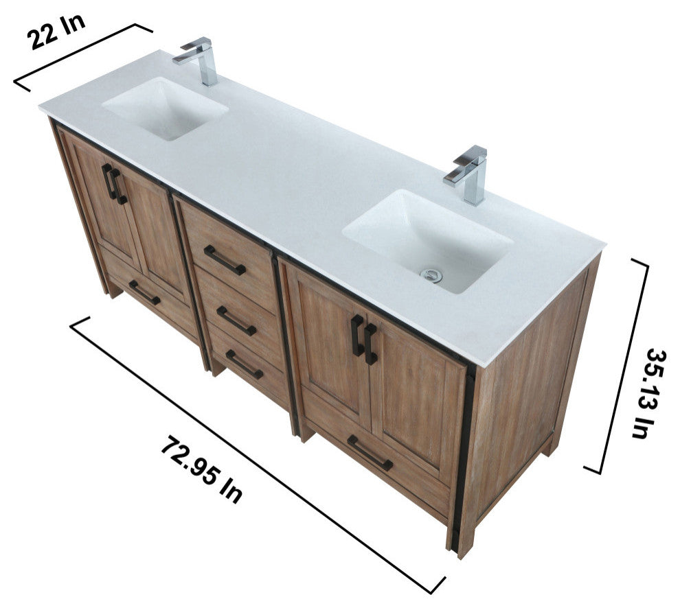Ziva 72 Barnwood DB Vanity, Cultured Marble Top, Square Sink, 30 Mirrors, Faucet