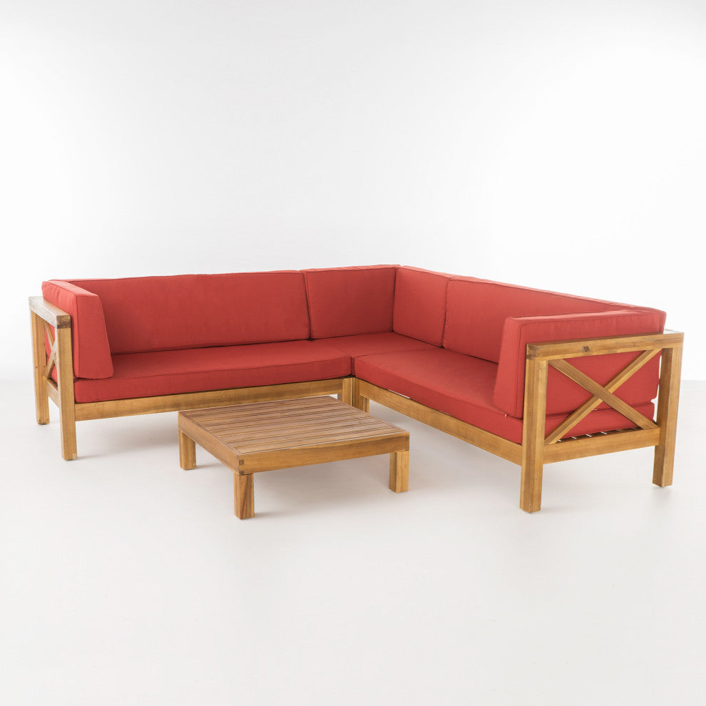 GDF Studio Brava Outdoor 4 Piece V-Shaped Acacia Wood Sectional Sofa Set, Red
