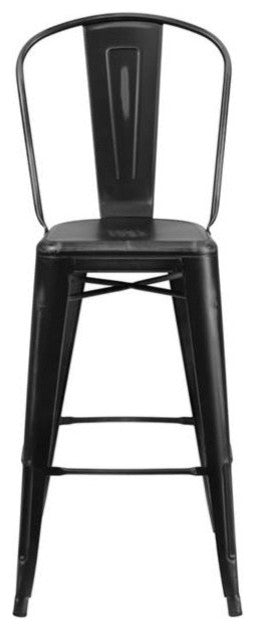 30" High Distressed Black Metal Indoor-Outdoor Barstool With Back