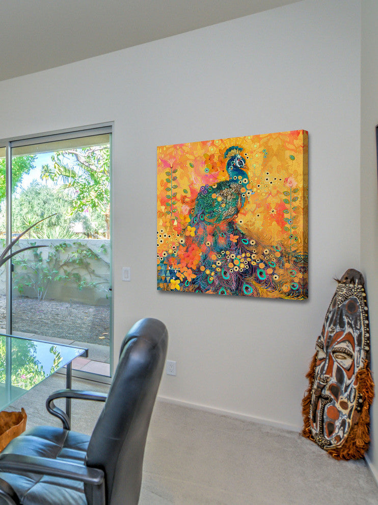 "Africkarma Peacock" Canvas Print by Evelia, 80x80 cm