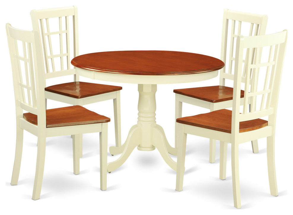 5 Pc Set, Round Table And 4 Leather Kitchen Chairs, Buttermilk And Cherry
