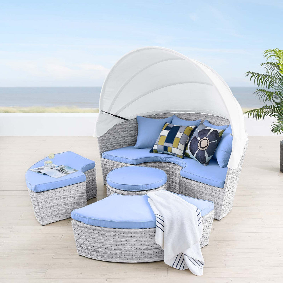 Lounge Daybed Sofa Bed, Gray Blue, Rattan, Wicker, Modern, Outdoor Patio