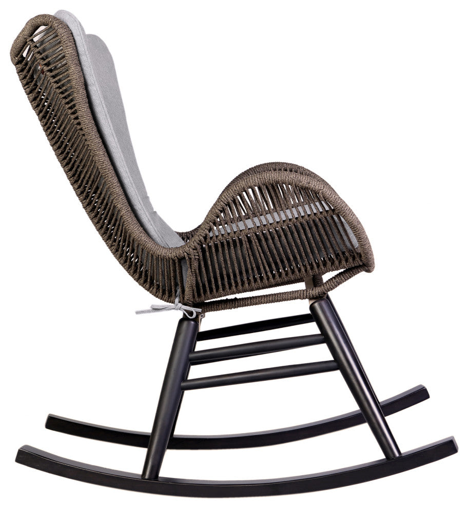 Fanny Outdoor Patio Rocking Chair, Dark Eucalyptus Wood And Truffle Rope, Dark Eucalyptus