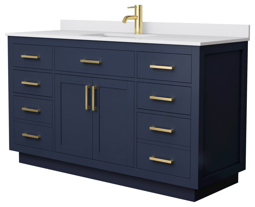 Beckett TK 60" Dark Blue Single Vanity,  Cultured Top, Gold Trim