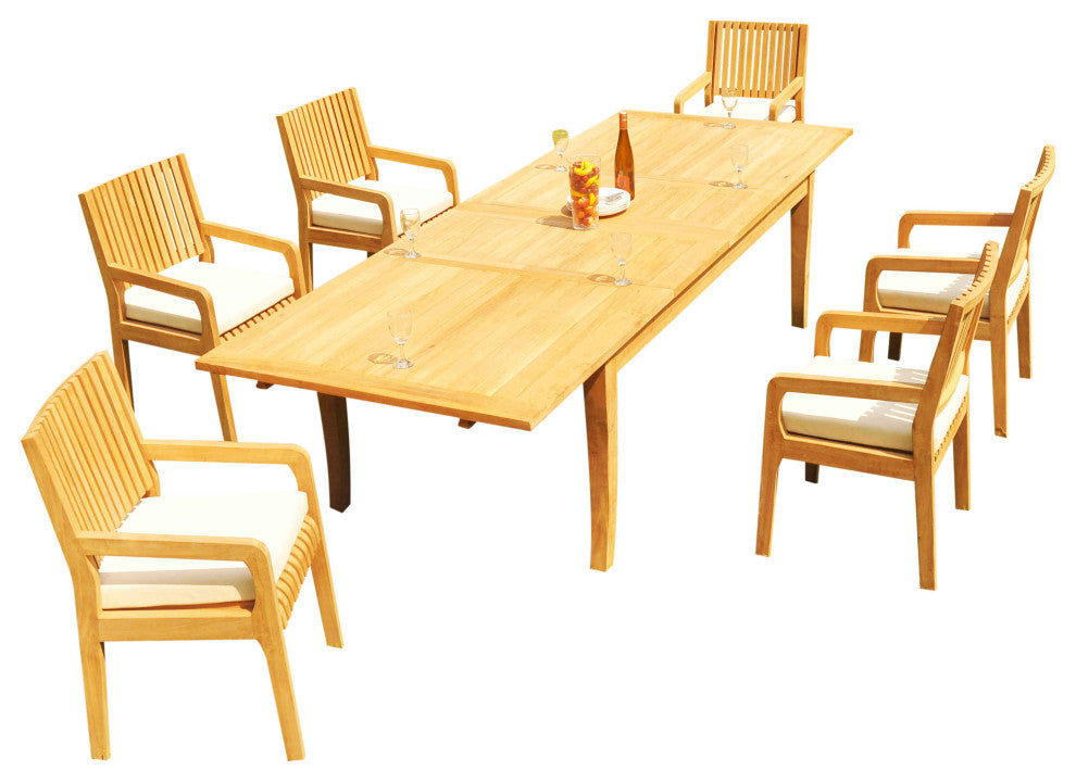 7-Piece Outdoor Teak Set: 122" X-Large Rectangle Table, 6 Maldives Arm Chairs